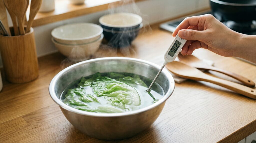 50度洗いのためにボウルにお湯を張り、料理用温度計で温度を測りながらレタスを浸している様子