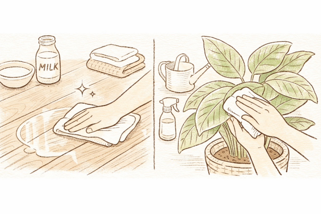 腐った牛乳の活用法:フローリングの艶出し掃除と観葉植物の葉水ケアのイラスト
