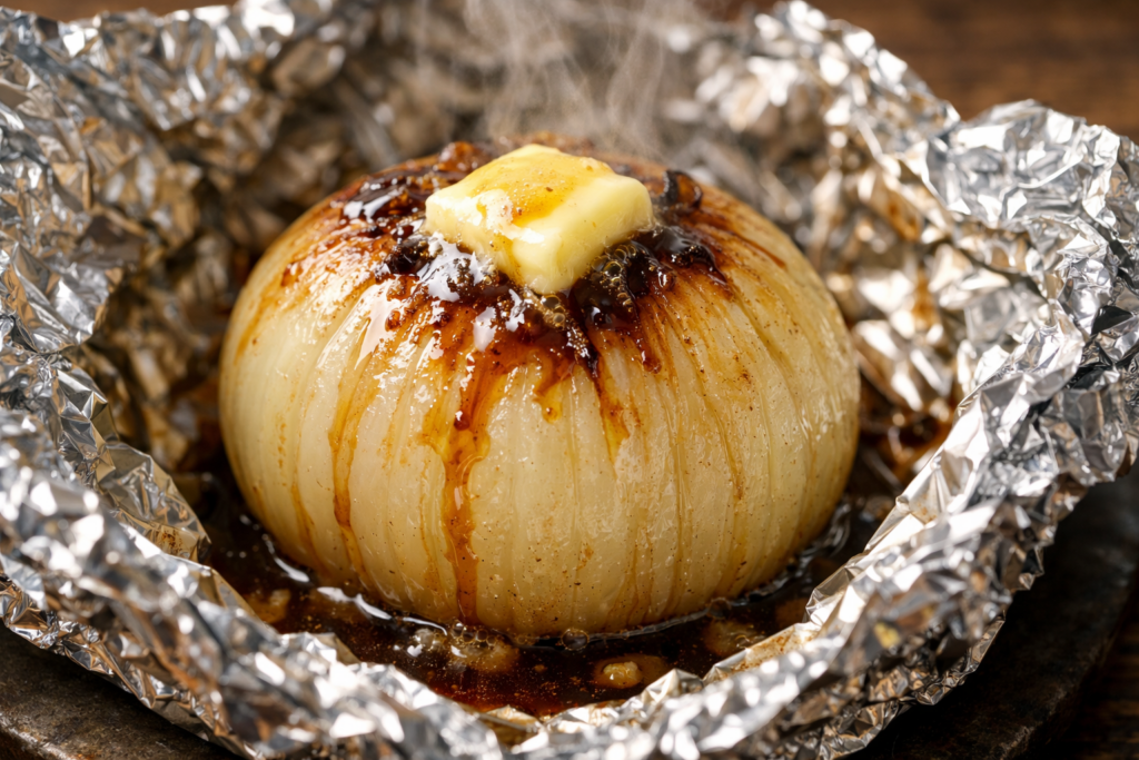 バターと醤油が溶け出し、湯気が立ち上る熱々の新玉ねぎのホイル焼き