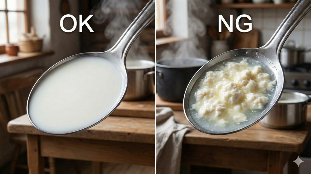 2つのスプーンに乗った加熱後の牛乳の比較写真