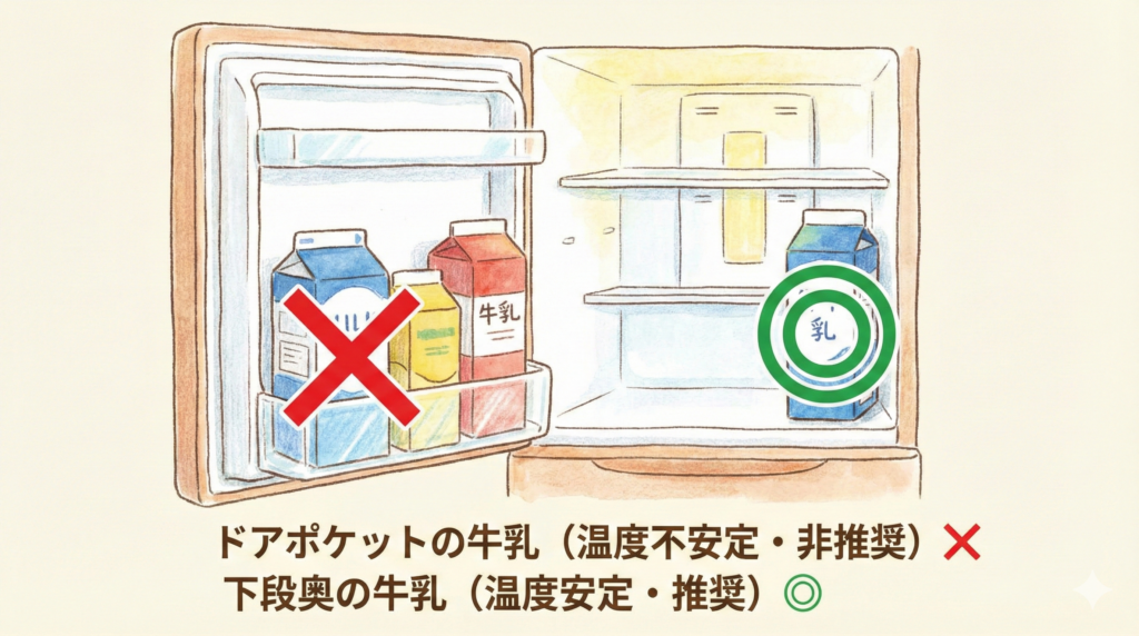冷蔵庫での牛乳の正しい保存場所イラスト:ドアポケットはNG、冷気が安定する棚の奥が推奨