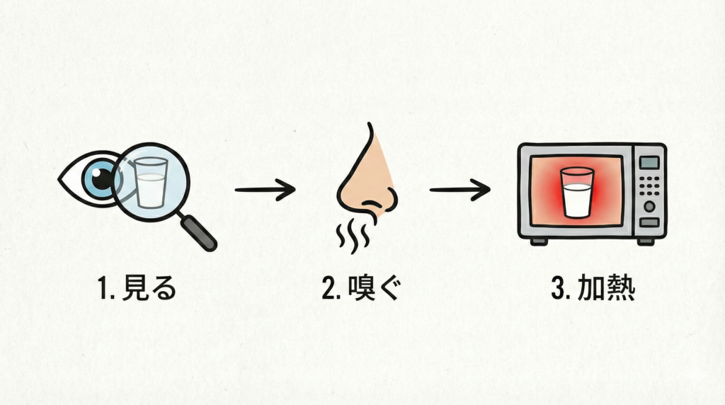 腐った牛乳を見分ける3つの判断手順:見た目・臭い・加熱チェックのフローチャート