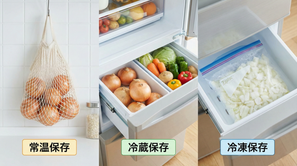 玉ねぎの常温・冷蔵・冷凍保存の正しい使い分け方法のイメージ図