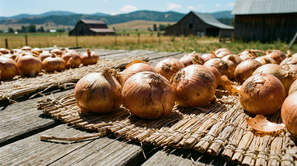 天日干しされ、皮が乾燥している大量の玉ねぎ