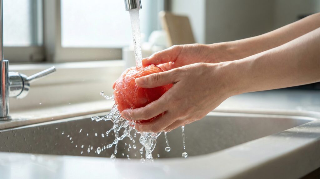 キッチンの水道の流水で赤いトマトを丁寧に手洗いしているシーン