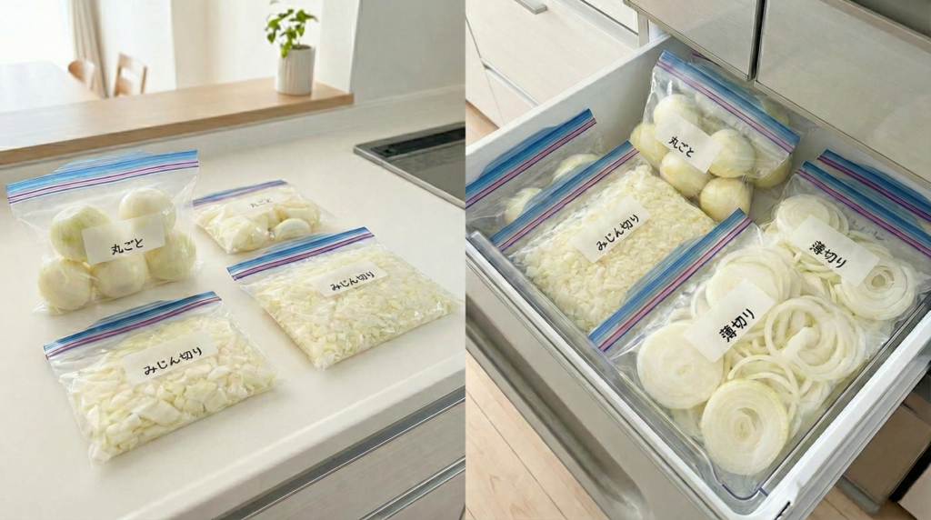 ジップロック等の保存袋に入れられた、丸ごと・みじん切り・薄切りの冷凍玉ねぎ