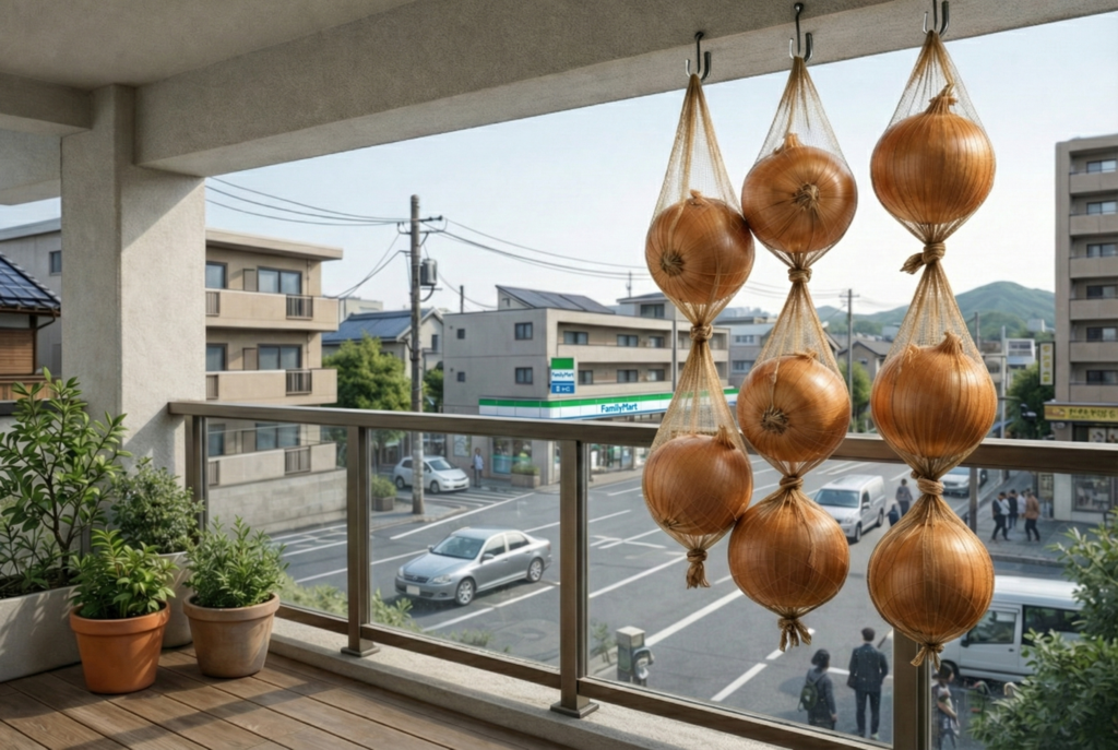 ネットやストッキングを活用して、玉ねぎ同士が触れないように結び目を作って吊るす方法