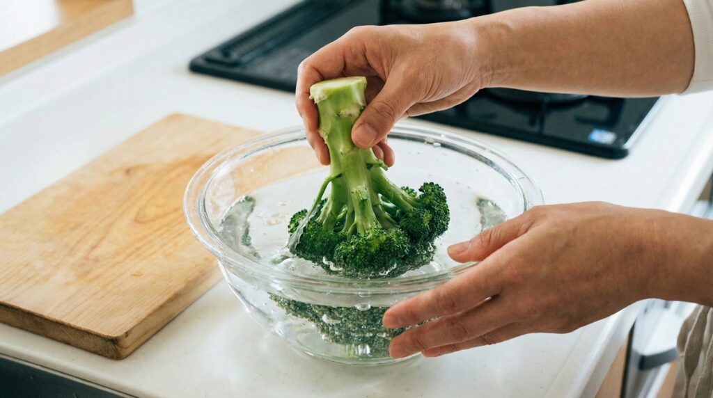 ブロッコリーのつぼみ部分を洗うために、水を張ったボウルに逆さまにして浸けている様子