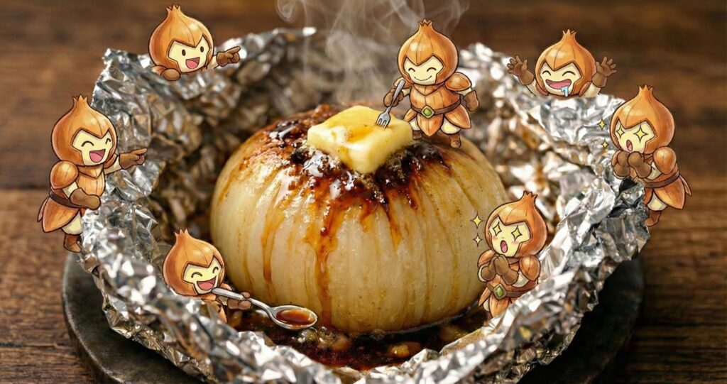 新玉ねぎのホイル焼きに群がる玉ねぎマンたち