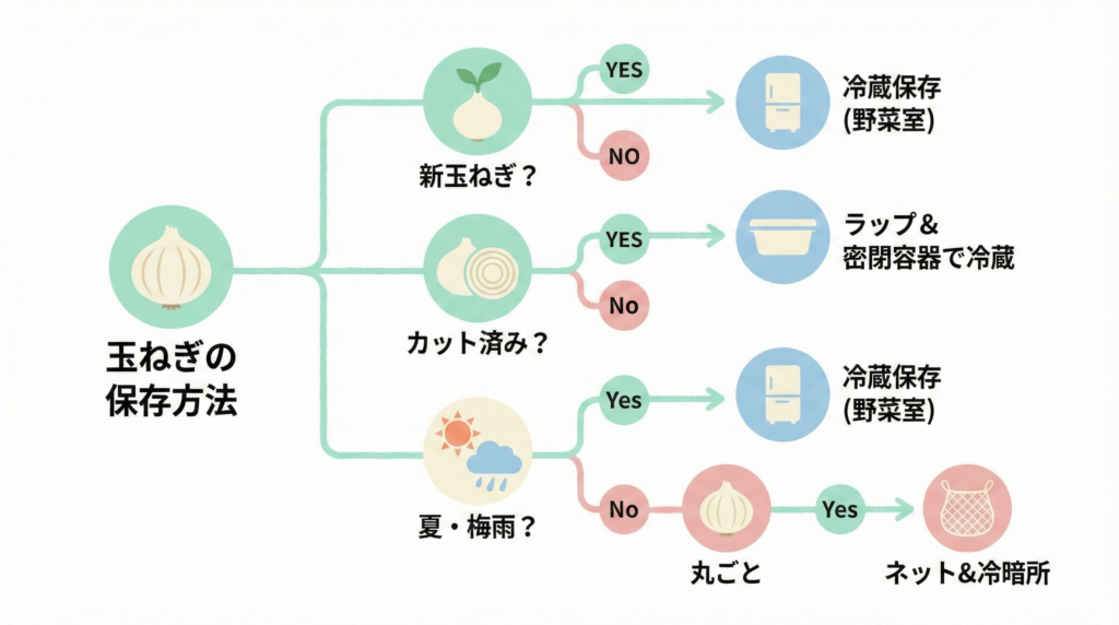 玉ねぎの最適な保存場所がひと目でわかるフローチャート図