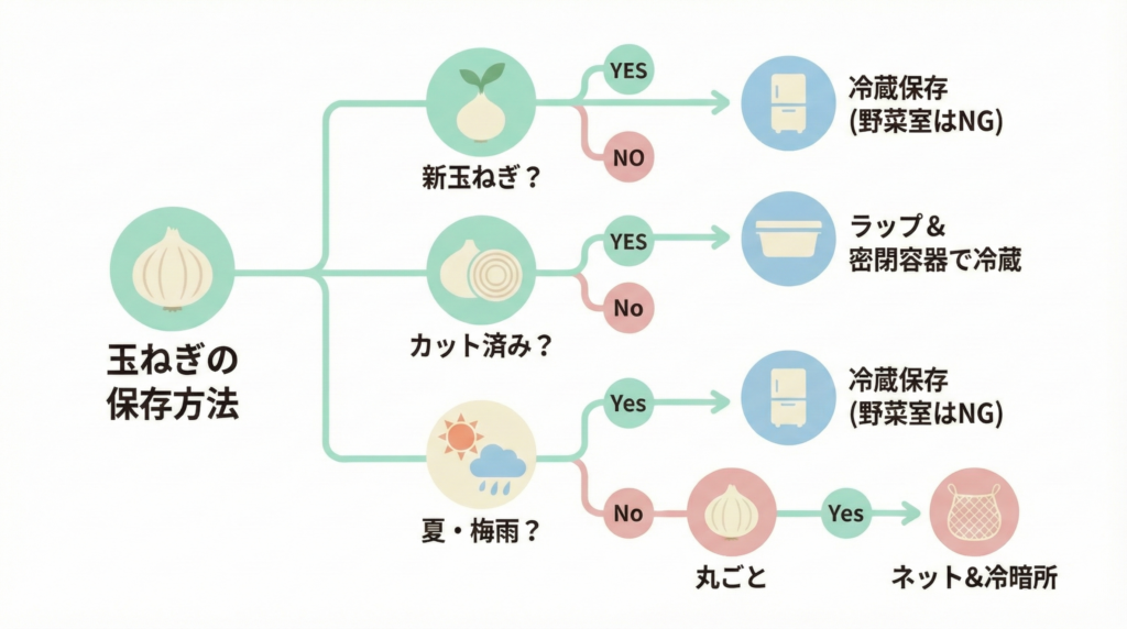 玉ねぎの最適な保存場所がひと目でわかるフローチャート図