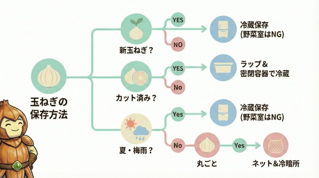 玉ねぎの最適な保存場所がひと目でわかるフローチャート図を眺めるたまねぎマン