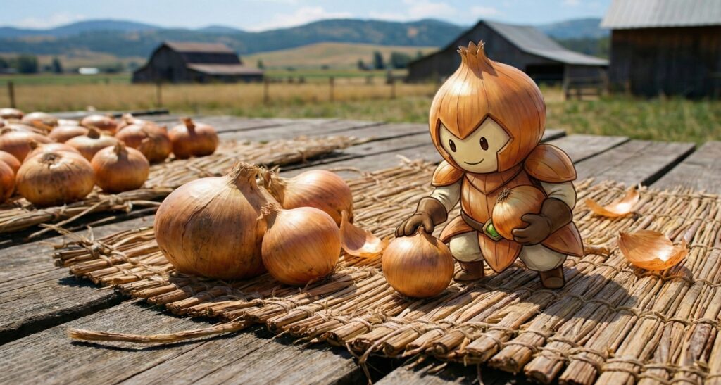 玉ねぎを天日干しして乾燥させている玉ねぎマン