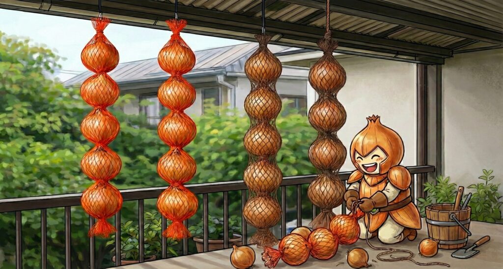 軒下でネットやストッキングに入れた玉ねぎ保存の作業をしている玉ねぎマン