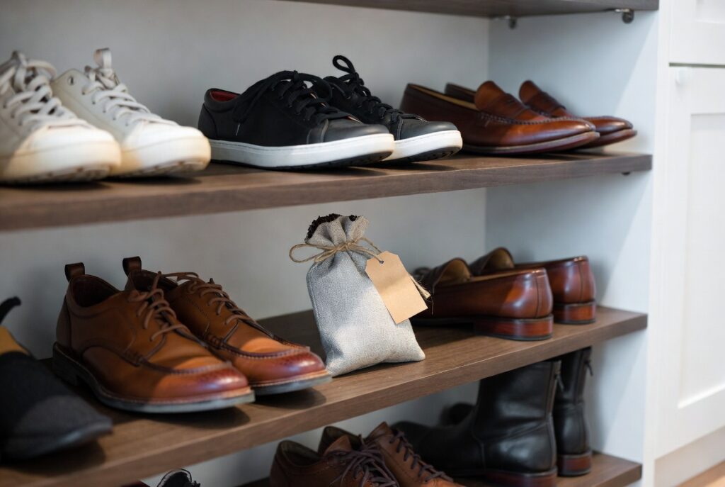 靴箱の棚に置かれた、コーヒーかす入りの消臭用リネン袋と革靴