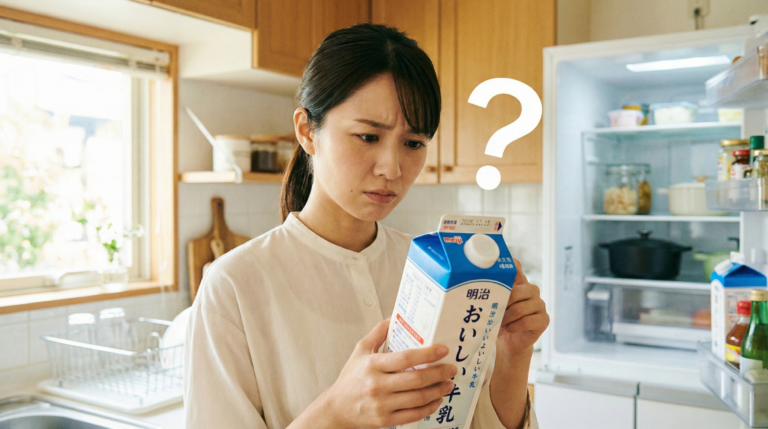 冷蔵庫の前で牛乳の賞味期限切れを心配そうに確認する女性