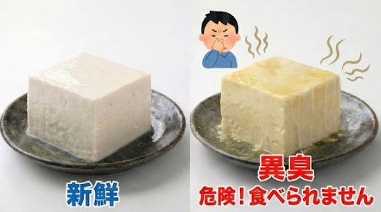 新鮮な豆腐と腐った豆腐の見分け方画像。黄色変色、ぬめり、異臭
