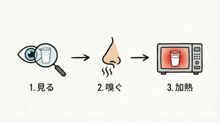 腐った牛乳を見分ける3つの判断手順：見た目・臭い・加熱チェックのフローチャート