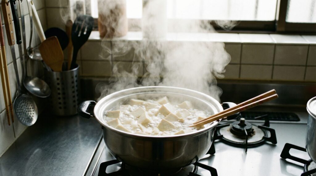鍋でぐつぐつと茹でられている豆腐。湯気が立ち上り、中心までしっかり加熱殺菌されている様子