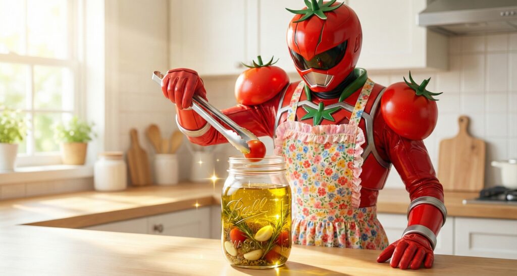 エプロン姿で清潔なトングを使い、ミニトマトをマリネ液に漬け込むトマトヒーロー
