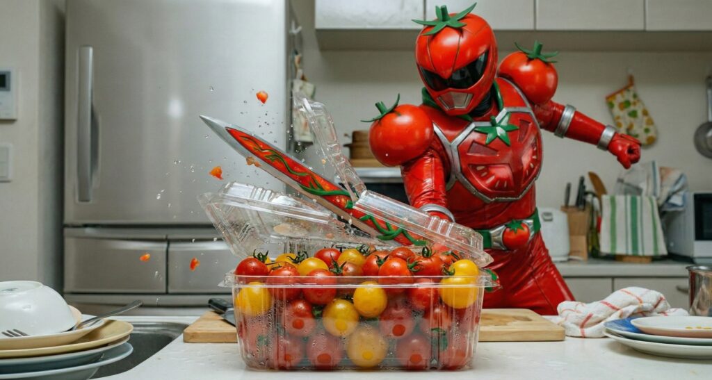 スーパーのパックに詰め込まれたミニトマトを救出しようとするトマトのヒーロー