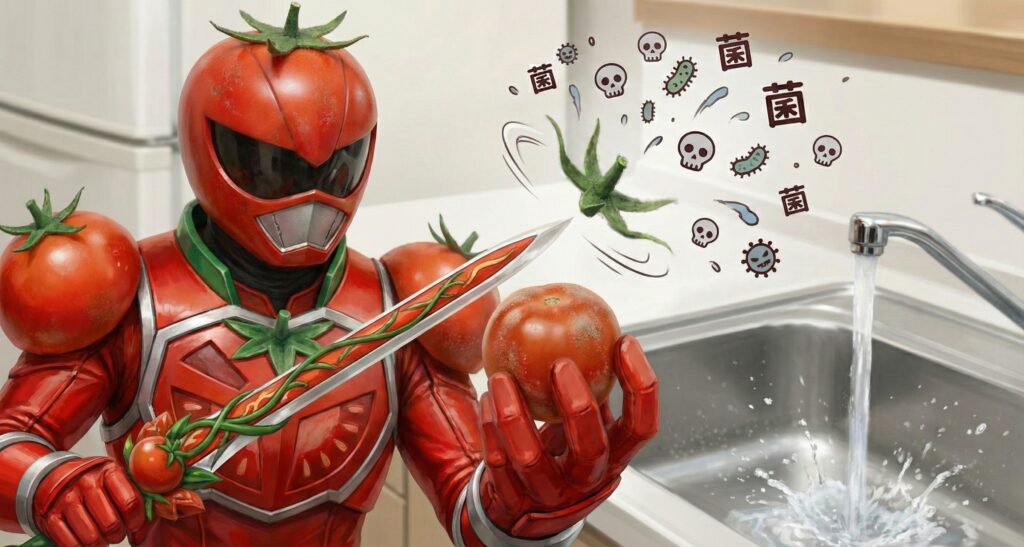 ミニトマトのヘタには細菌が多いため、剣先で取り除くトマトヒーロー