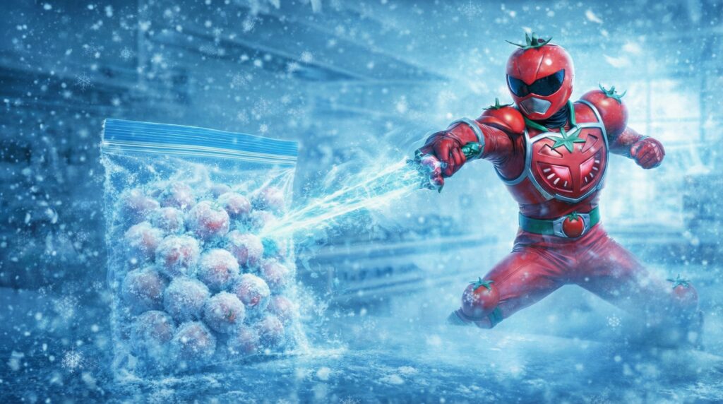 剣から冷気を放ち、保存袋に入ったミニトマトを急速冷凍するトマトヒーロー