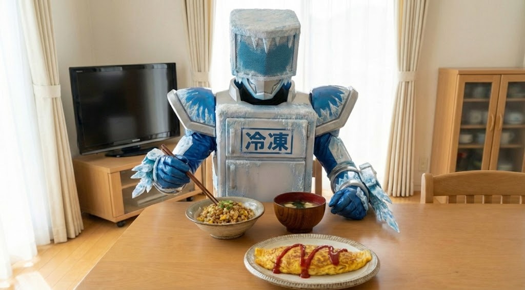 加熱調理した納豆料理を食べようとしている冷凍ヒーロー