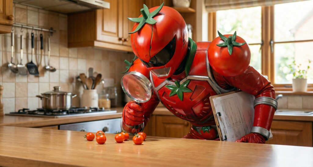 虫眼鏡を使ってミニトマトにカビや傷みがないか厳格にチェックするトマトヒーロー