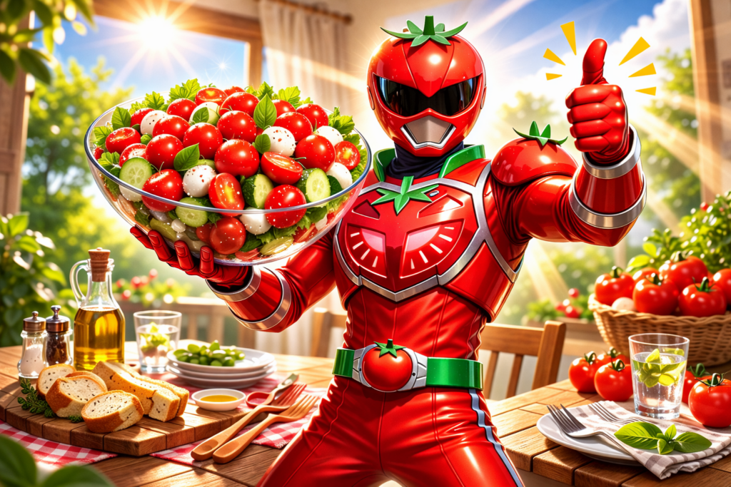 鮮度抜群のミニトマトサラダを掲げてミッション完了のサムズアップをするトマトヒーロー