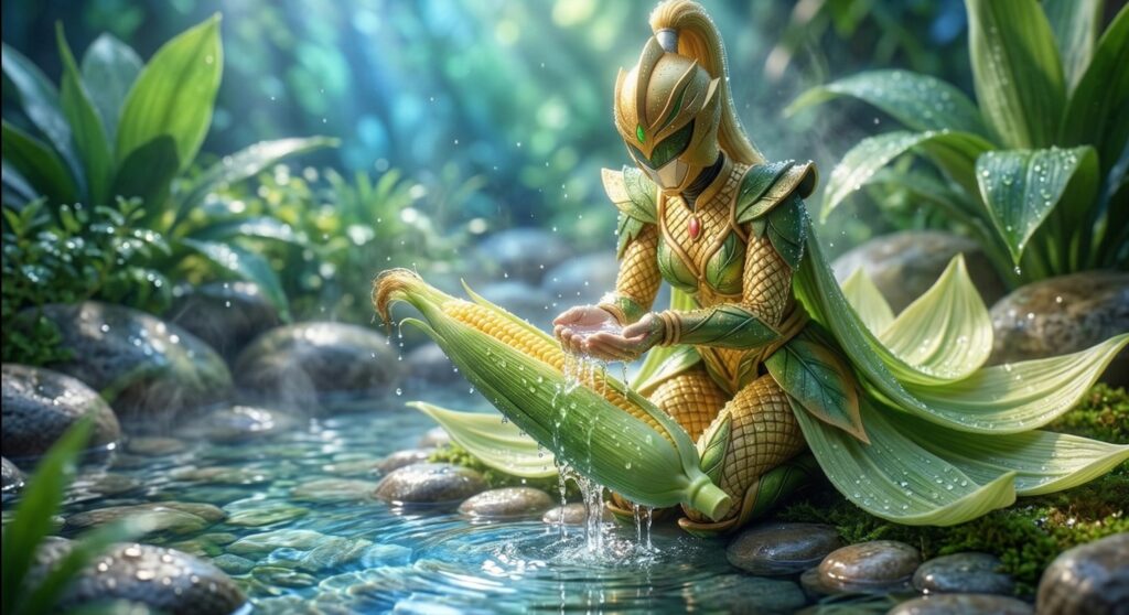 ふっくらとレンジで蒸し上げるためにトウモロコシに水で潤いを与えるトウモロコシの女戦士