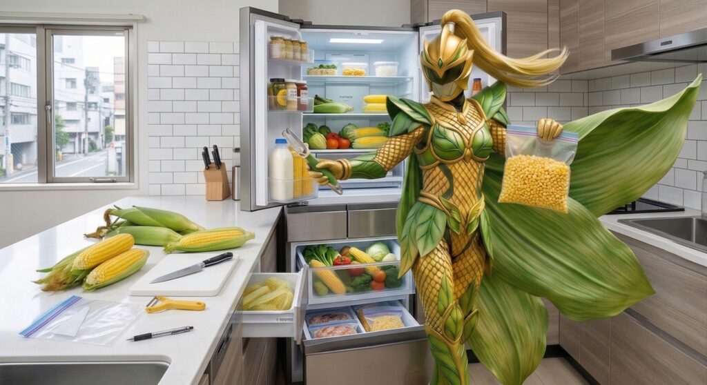 トウモロコシの冷蔵冷凍の準備をしているトウモロコシの女戦士