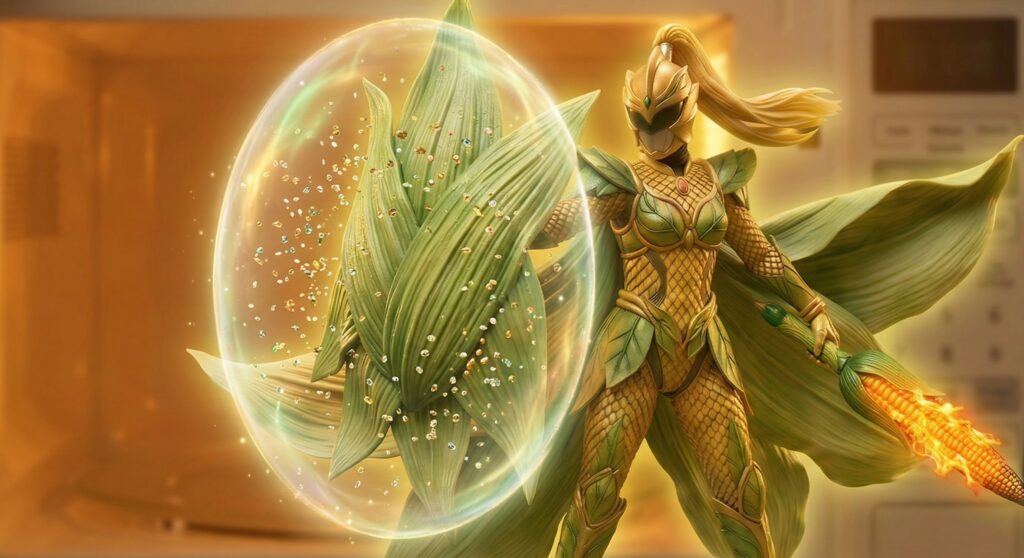 トウモロコシの栄養と甘みが水に溶け出すのを光のバリアで防ぐトウモロコシの女戦士