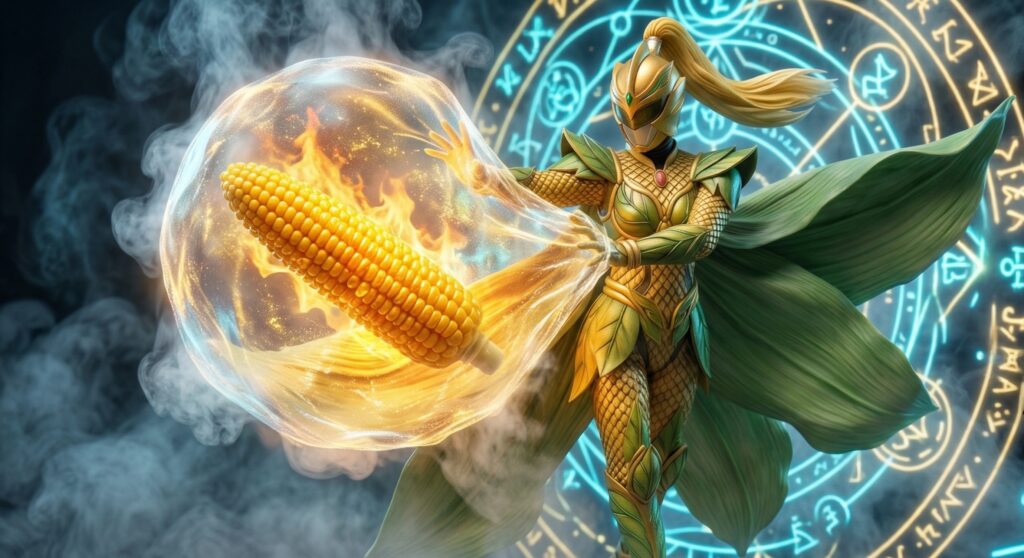 レンジ加熱後にシワシワになるのを防ぐためラップの結界で蒸気を封じ込めるトウモロコシの女戦士