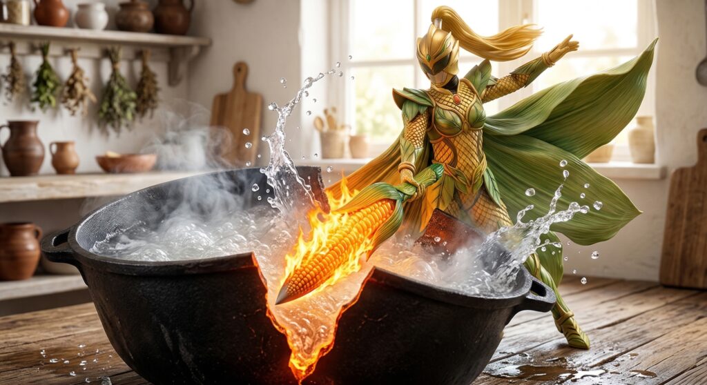 沸騰した鍋のお湯を炎の剣で両断するトウモロコシの女戦士