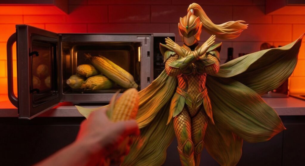 電子レンジでの複数本同時加熱に反対するトウモロコシの女戦士