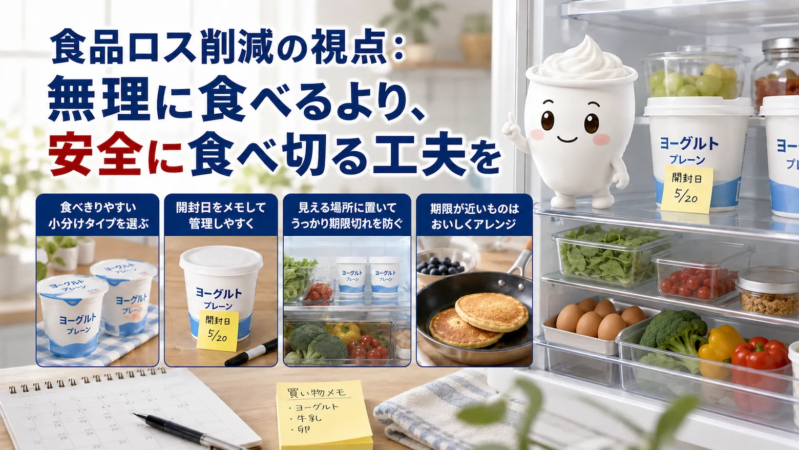 ヨーグルくんが開封日メモや冷蔵庫内の整理でヨーグルトを期限切れにしない食品ロス削減の工夫を案内している画像
