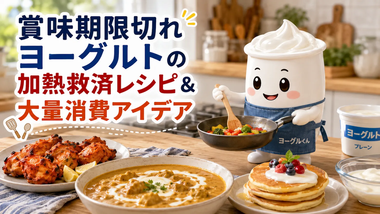 エプロン姿のヨーグルくんがフライパンを持ち、賞味期限切れヨーグルトの加熱レシピを紹介している画像