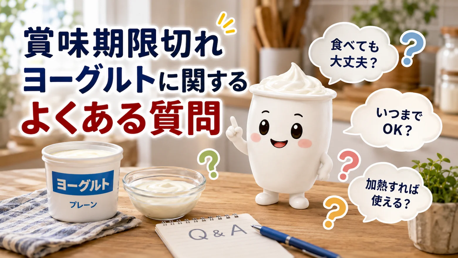 賞味期限切れヨーグルトの食べられる期間や加熱利用に関するよくある質問をヨーグルくんが案内する画像