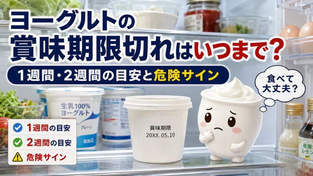 冷蔵庫内で賞味期限切れのヨーグルトを前に、困り顔のヨーグルくんが食べて大丈夫か悩んでいるアイキャッチ画像