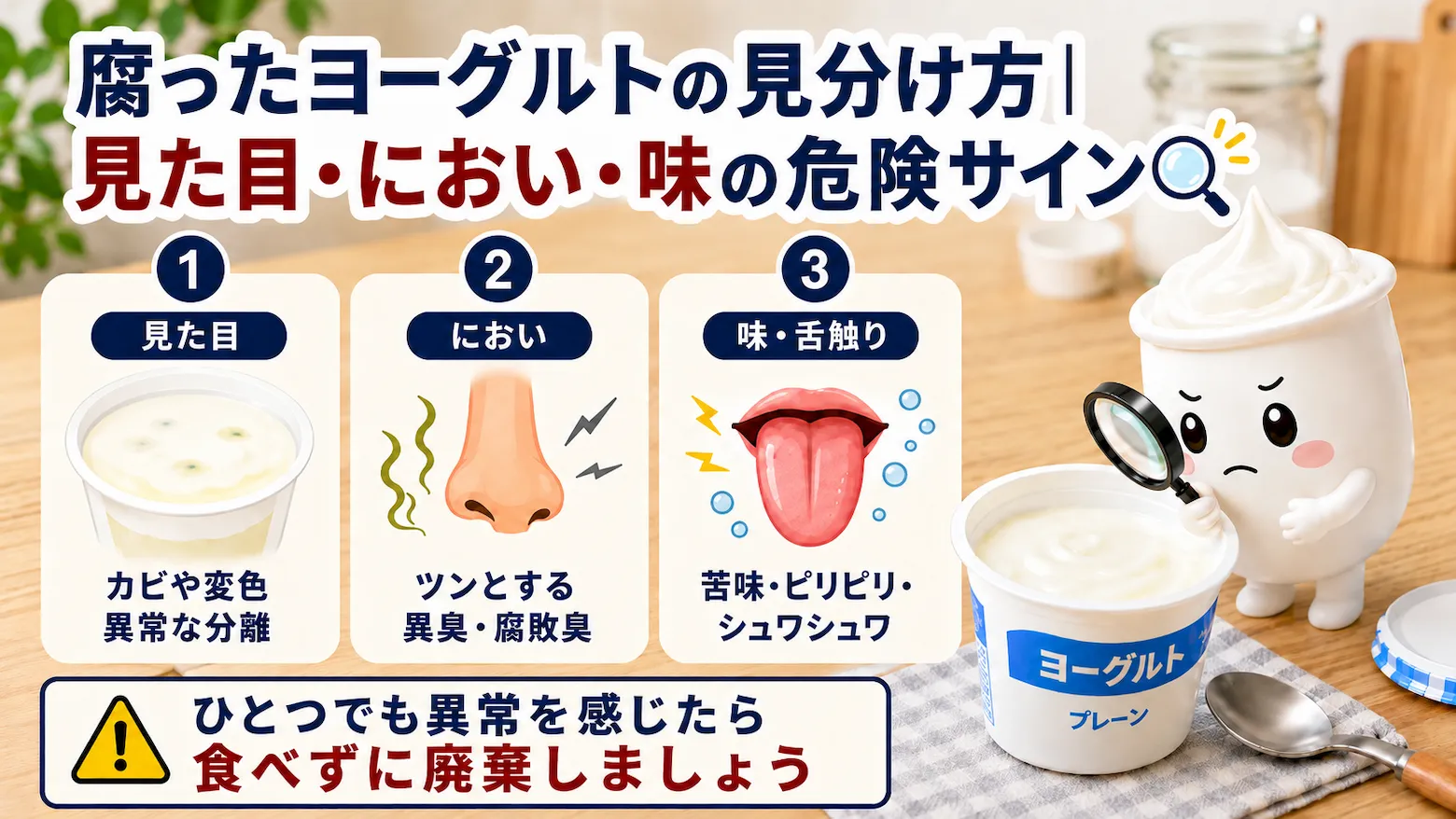 虫眼鏡を持ったヨーグルくんが、ヨーグルトのカビや変色、異臭、味や舌触りの異常など腐敗サインを確認している画像