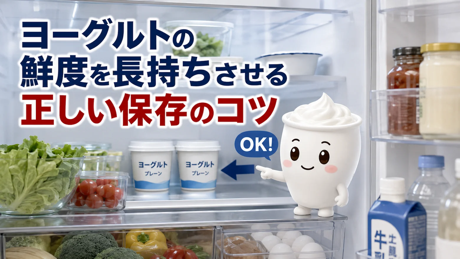 ヨーグルくんが冷蔵庫の奥を指差し、ヨーグルトの鮮度を長持ちさせる正しい保存方法を案内している画像
