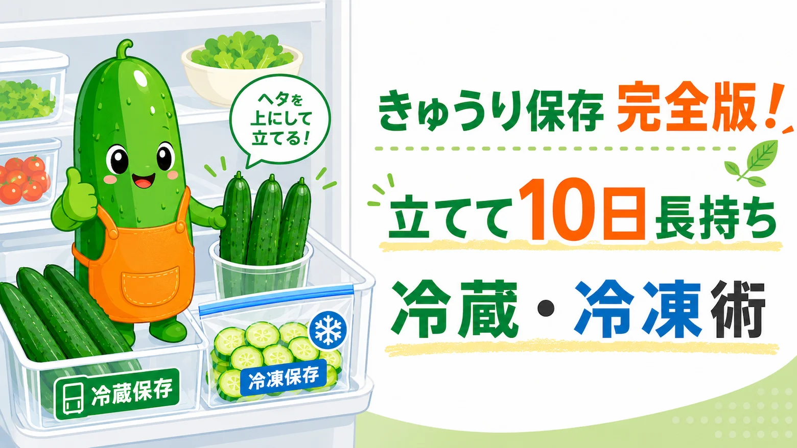 きゅうりを立てて10日長持ちさせる冷蔵・冷凍の保存方法を解説するアイキャッチ。野菜室にきゅうりを立てて収納するきゅうりのマスコット