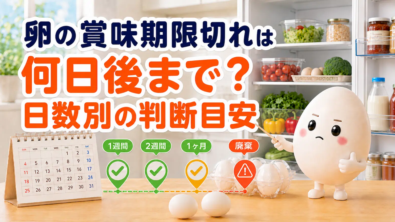 卵の賞味期限切れは何日後までか、1週間・2週間・1ヶ月・廃棄の判断目安を示す画像