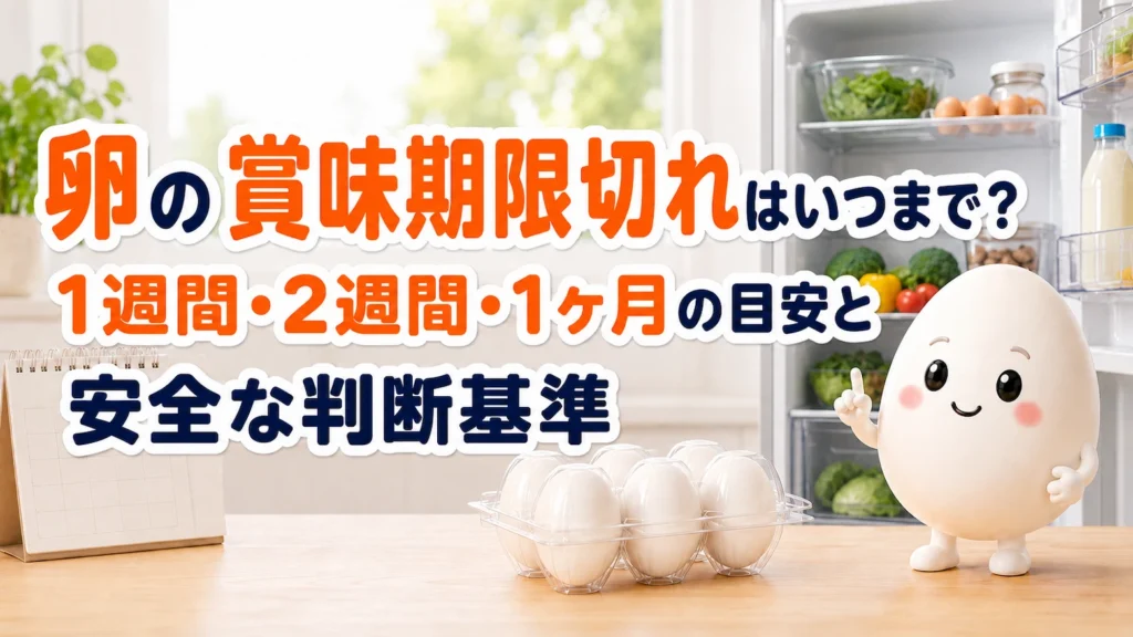 卵の賞味期限切れはいつまで食べられるか、1週間・2週間・1ヶ月の目安と安全な判断基準を示す画像