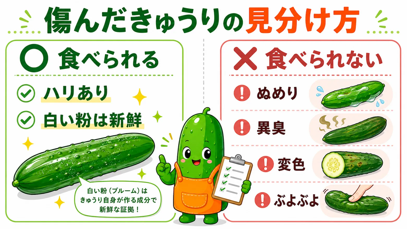 食べられるきゅうりと傷んだきゅうりの見分け方を○×で対比したチェック図。ハリやブルーム、ぬめりや異臭などの判断ポイントを図解
