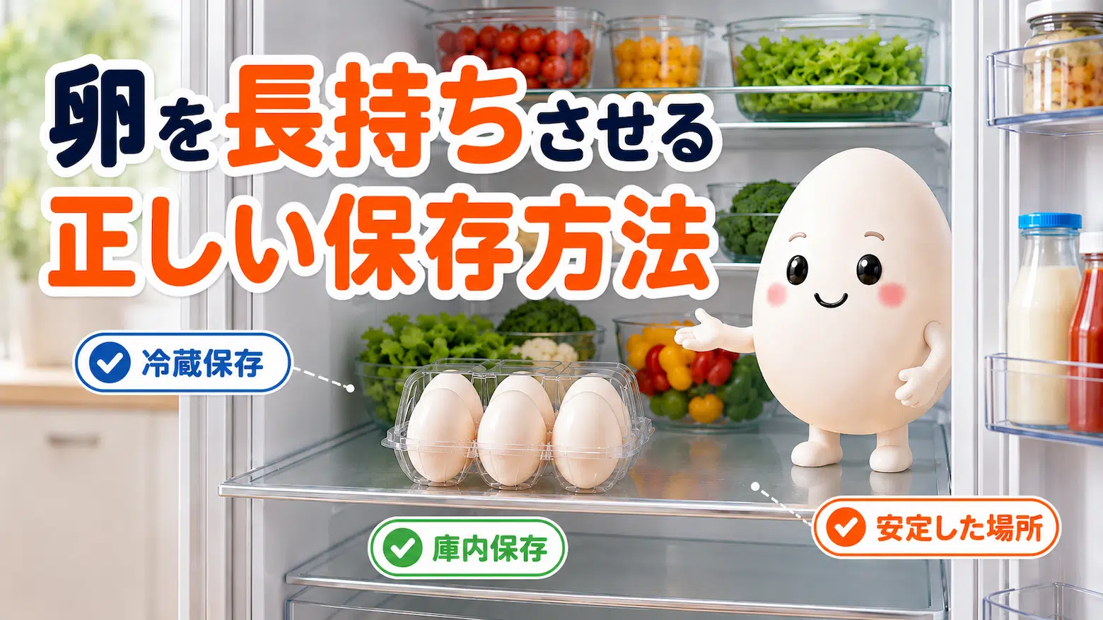 卵を長持ちさせるため、冷蔵庫内の安定した場所で保存する正しい保存方法を示す画像