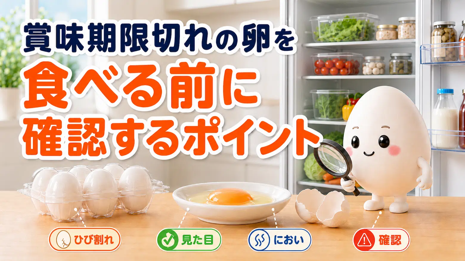 賞味期限切れの卵を食べる前に、ひび割れ・見た目・においを確認するポイントを示す画像