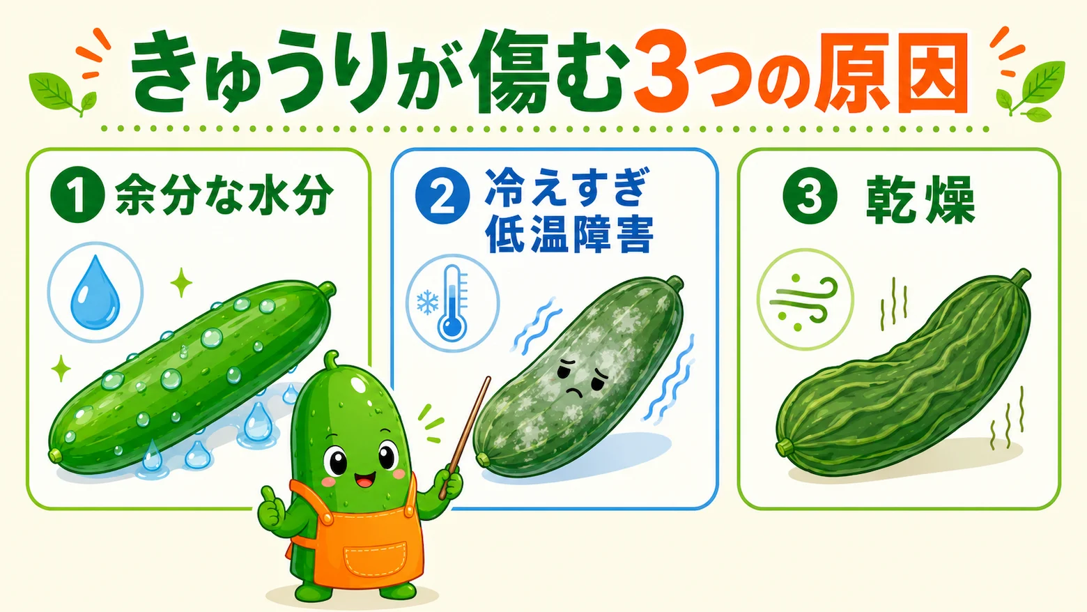 きゅうりが傷む3つの原因である、余分な水分・冷えすぎ・乾燥をカード形式で図解したイラスト。きゅうりのマスコットが指し棒で説明している画像