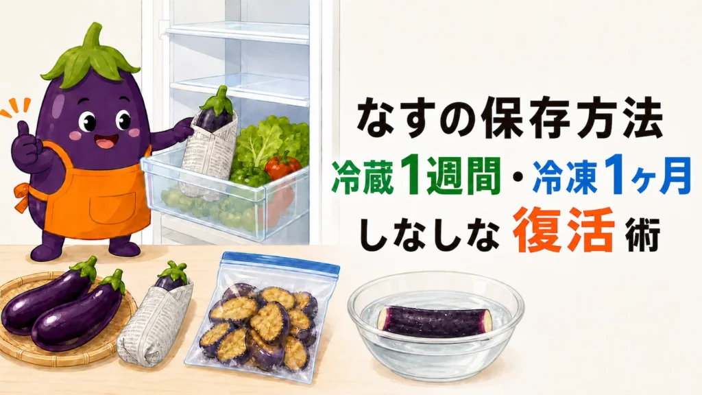 なすを新聞紙で包み野菜室に立てて冷蔵・冷凍で長持ちさせ、しなびたなすを冷水で復活させる保存方法を解説するアイキャッチ。案内するなすのマスコット。